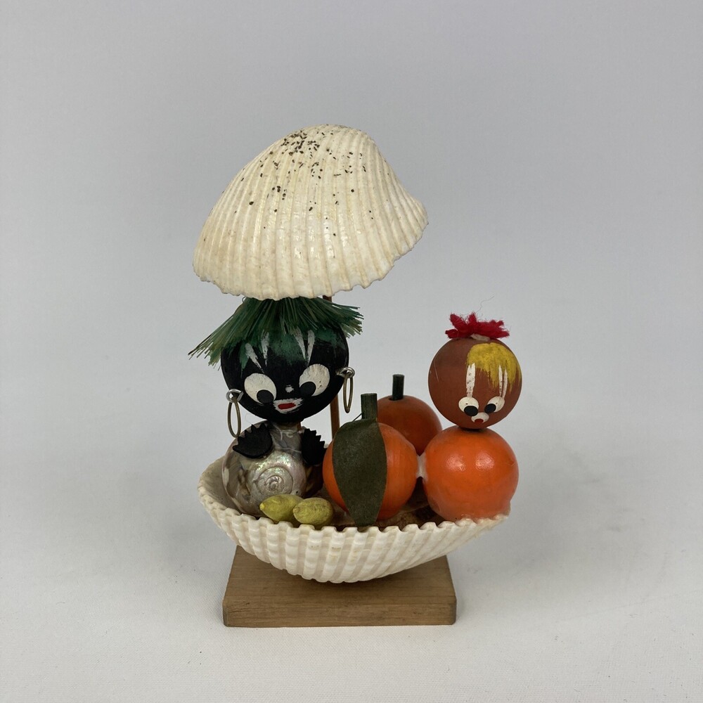 VTG 5” Seashell Beach People Souvenir Japan 50s Figurine Black Tiki Kokeshi Art